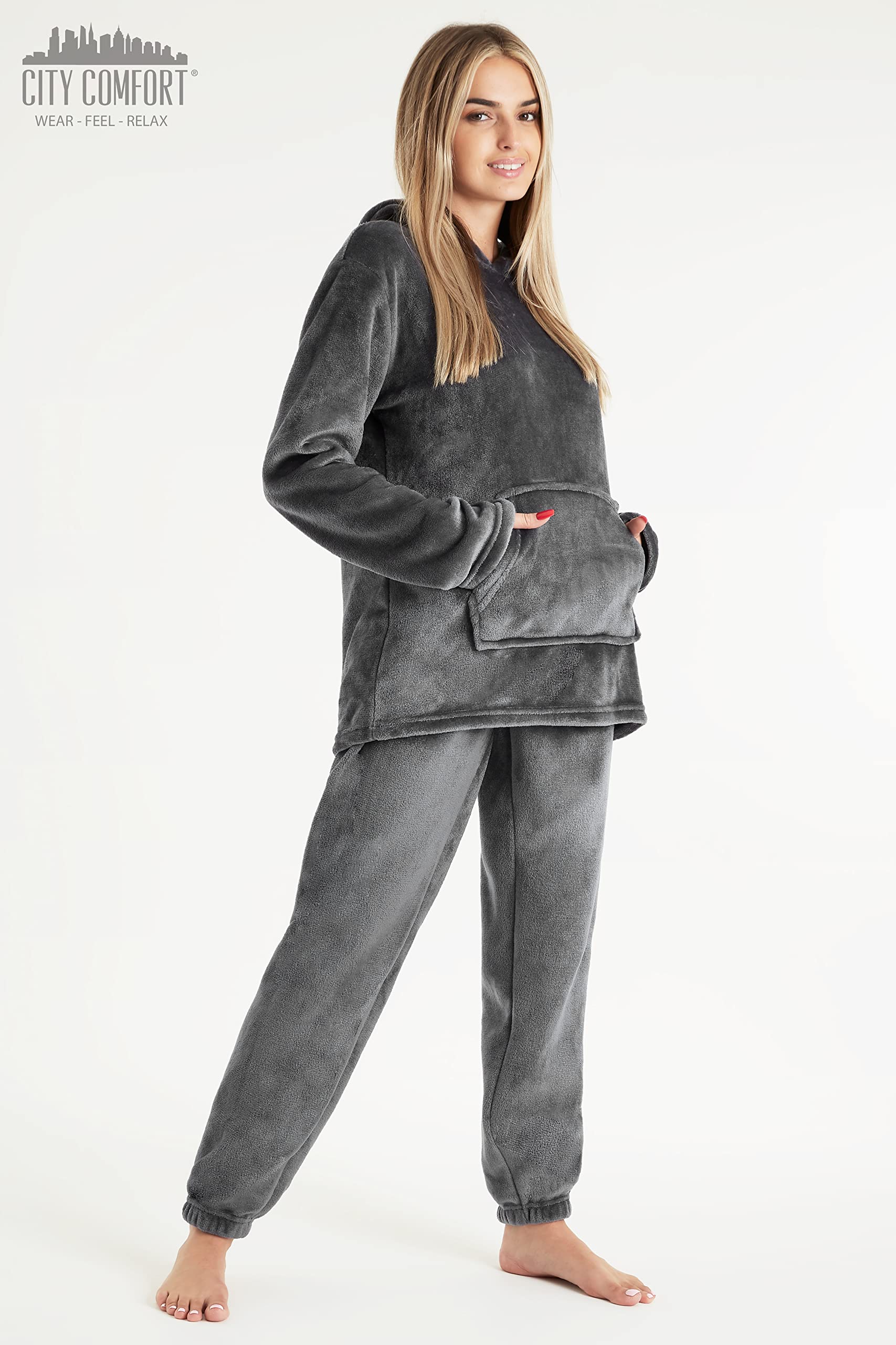 CityComfort Set Pigiama Donna Invernale in Pile, Pigiami con Cappuccio, 2 Pz Abbigliamento da Casa, Regalo Donna Adolescenti