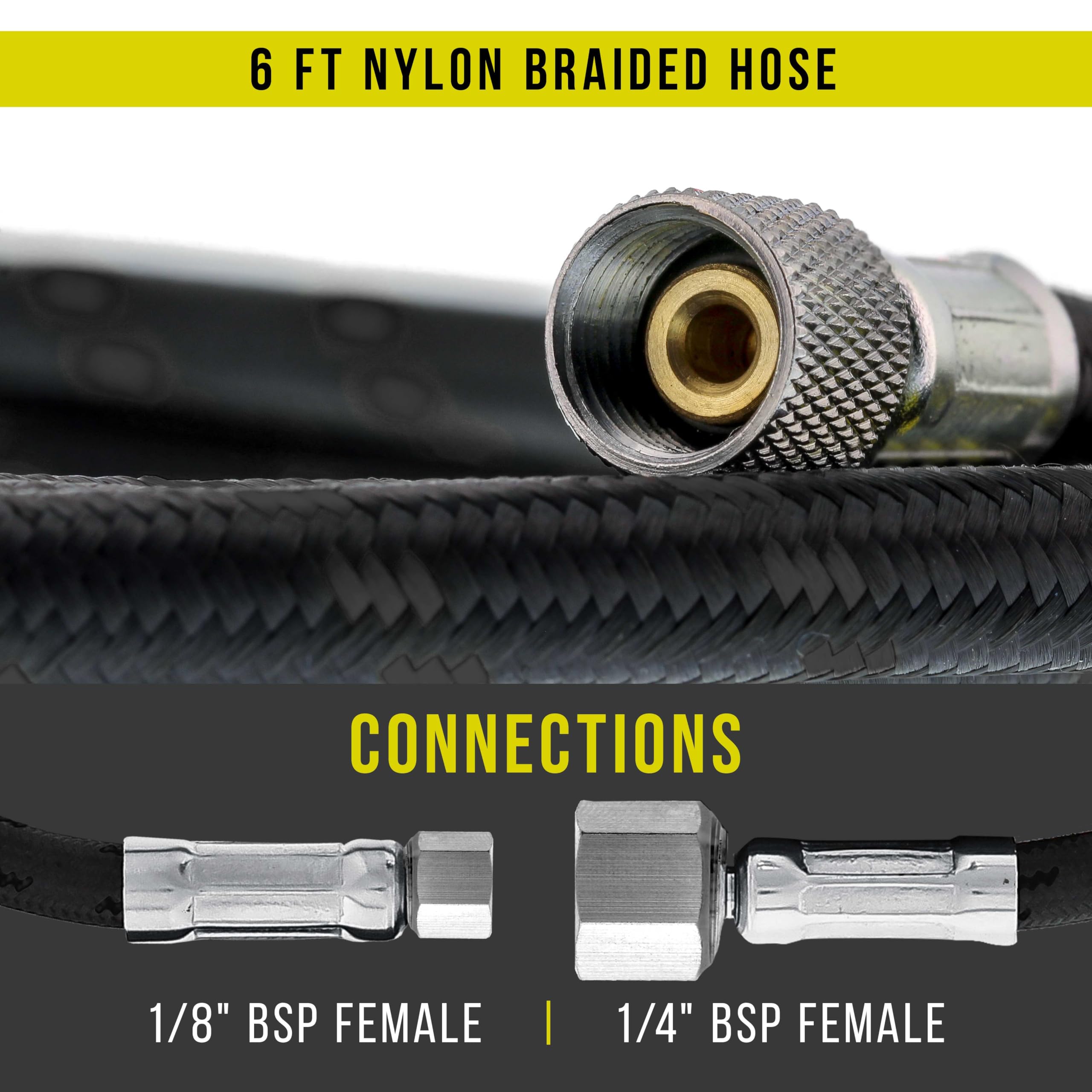 Braided Airbrush Air Hose Kit – Nylon Braided Hose With 1/8 To 1/4 Adapters, 6-Foot Length For Spray Guns & Compressors