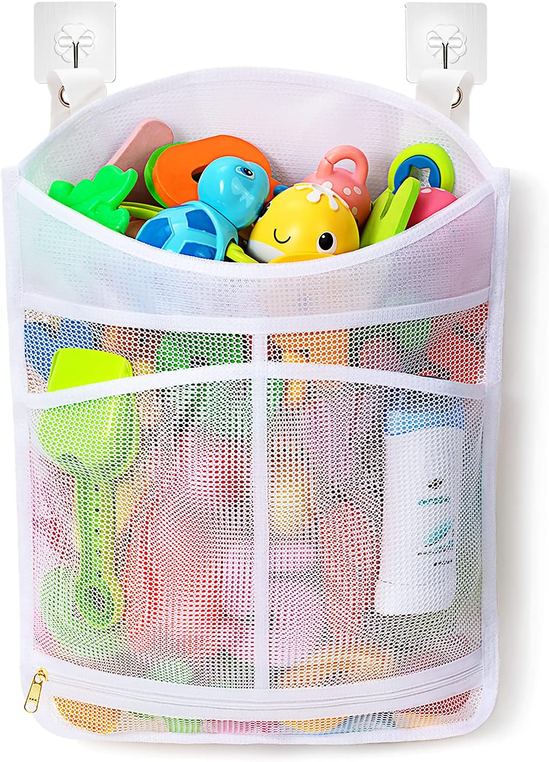 Ligereza Mesh Bath Toy Organizer, Various Hanging Ways, Large Capacity Large Opening, YKK Zipper, 4 Super Hooks, with Two Compartment Pockets, Baby Bathtub Toy Storage Bag (Large White)