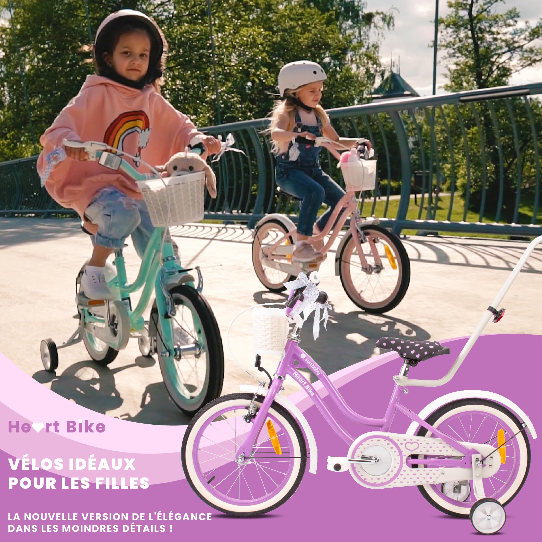 Vélo Enfant Fille 12/14/16 Pouces Sun Baby Heart avec Roulettes Stabilisatrices et Barre de Poussée