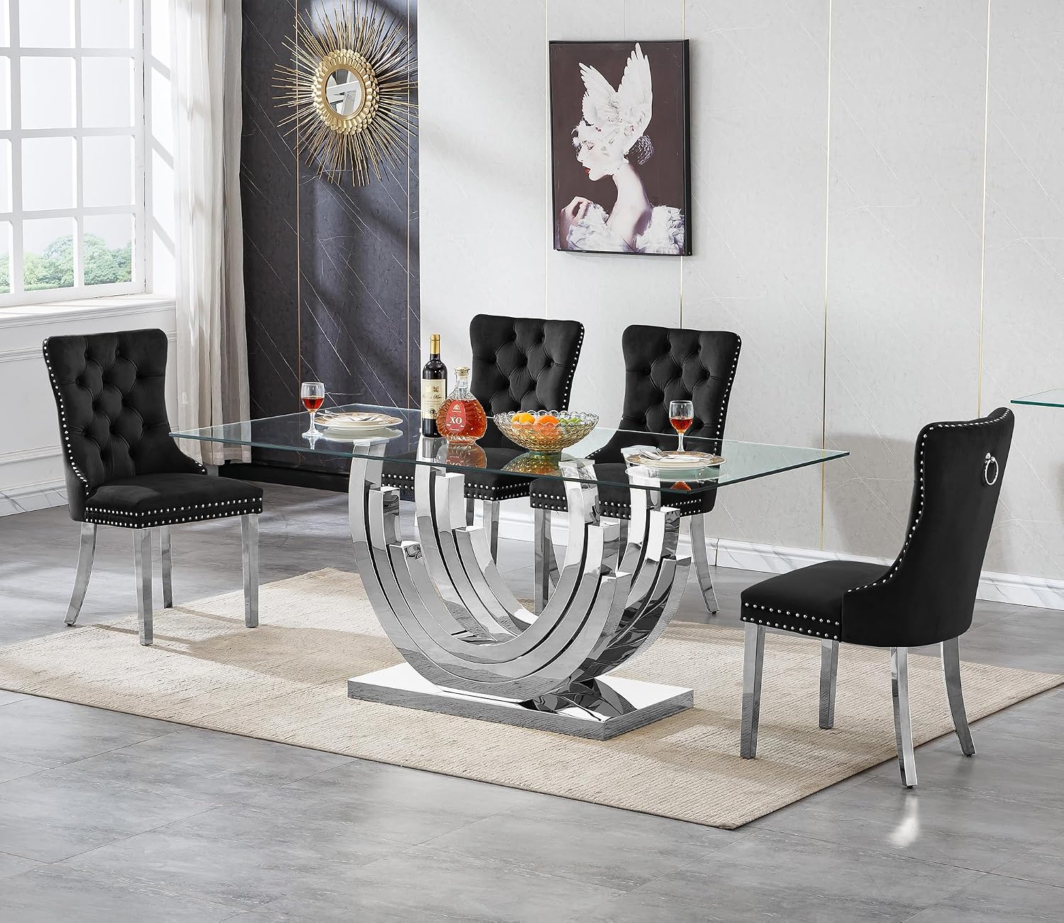 Amazon.com - KUVADAZ 70" Modern Silver Glass Dining Room Table Set for ...