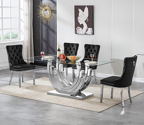 Miniatura 32 de Juego de 5 mesas de comedor de cristal plateado, mesa rectangular moderna de cocina y comedor de 70 pulgadas para 4, mesa de comedor de vidrio Mesa