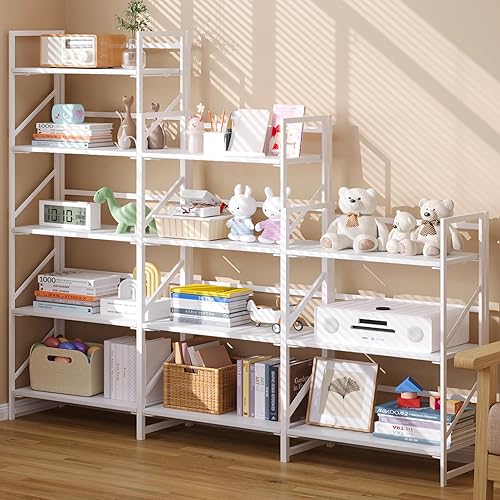 Miniatura 5 de JSB Estantería Plegable Sin Montaje, Estante de Libros de Metal Industrial de 5 Niveles para Almacenamiento, Librero Plegable de Madera Vintage para