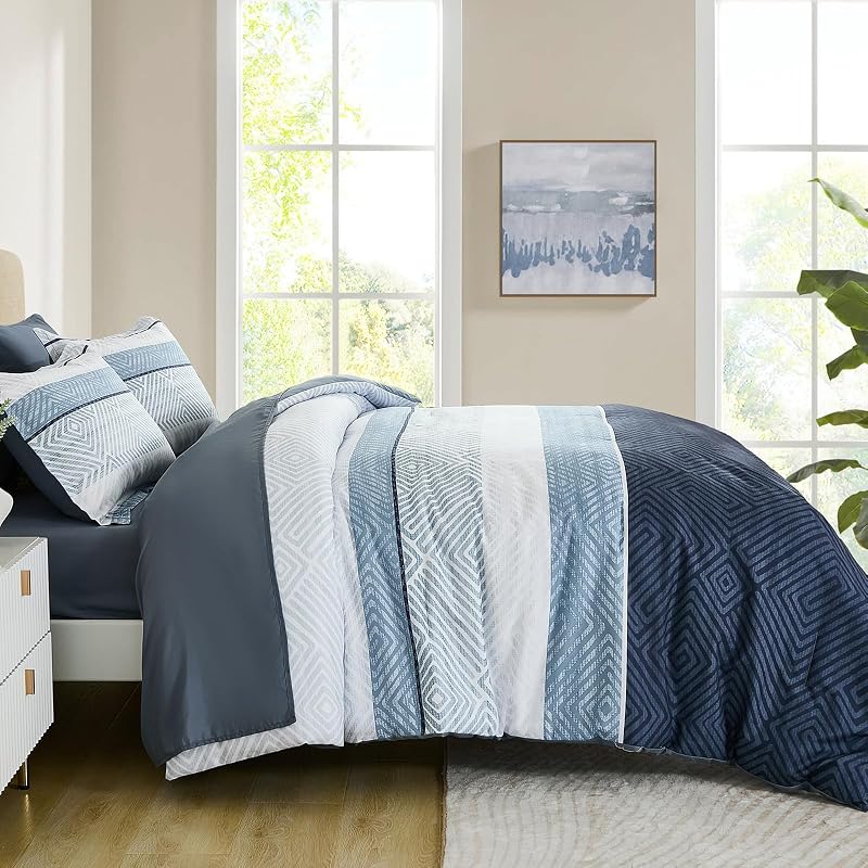 Comforter Set Queen Size 7 Piece Bed in a Bag Boho Blue Striped Bedding Set image 4