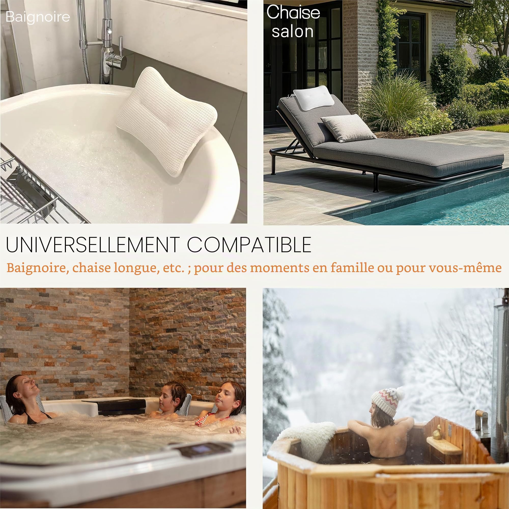 Lot de 2 Grands oreillers pour Jacuzzi, Spa et Chaise Longue – Coussin Universel pour Appui-tête et Cou, Hauteur réglable avec Longue Sangle, séchage Facile avec Crochet (Lot de 2)