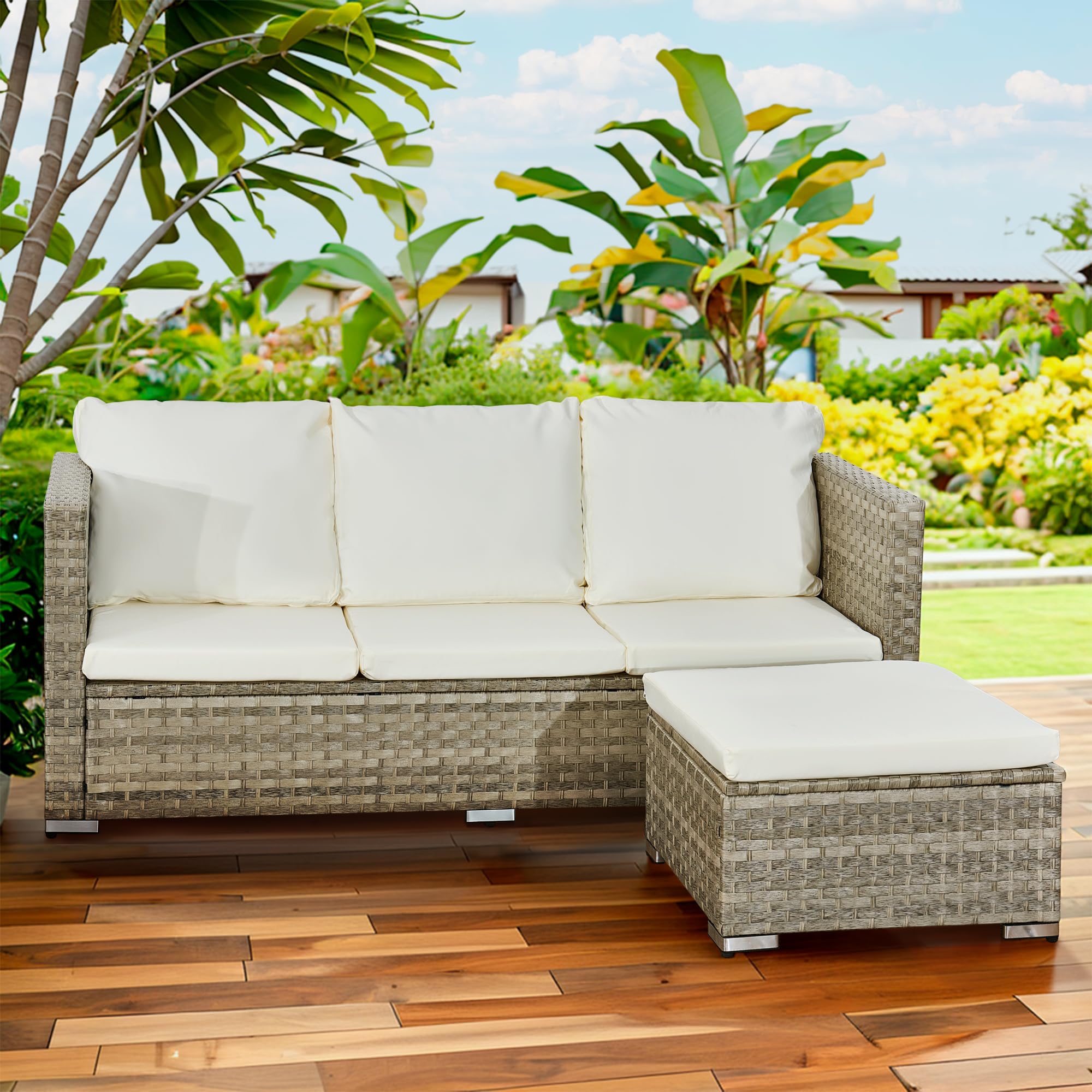 Aweather 4 Seater Rattan Garden Furniture Sets L Shape Outdoor Corner Sofa, All-Weather Handwoven PE Sofa Set With Cream Cushions