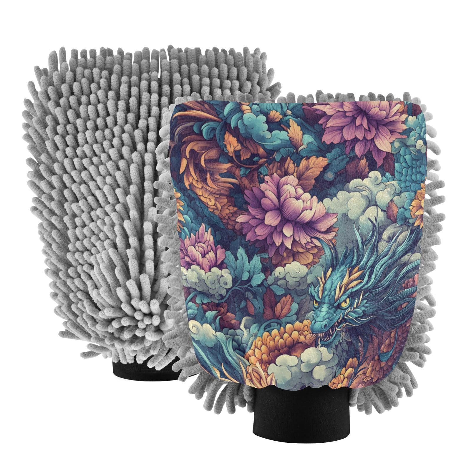 STAYTOP Dragon Car Wash Mitt Microfiber, 2Pcs Scratch Free Lint-Free, Premium Chenille Microfiber Mitt Car Wash Brush-L