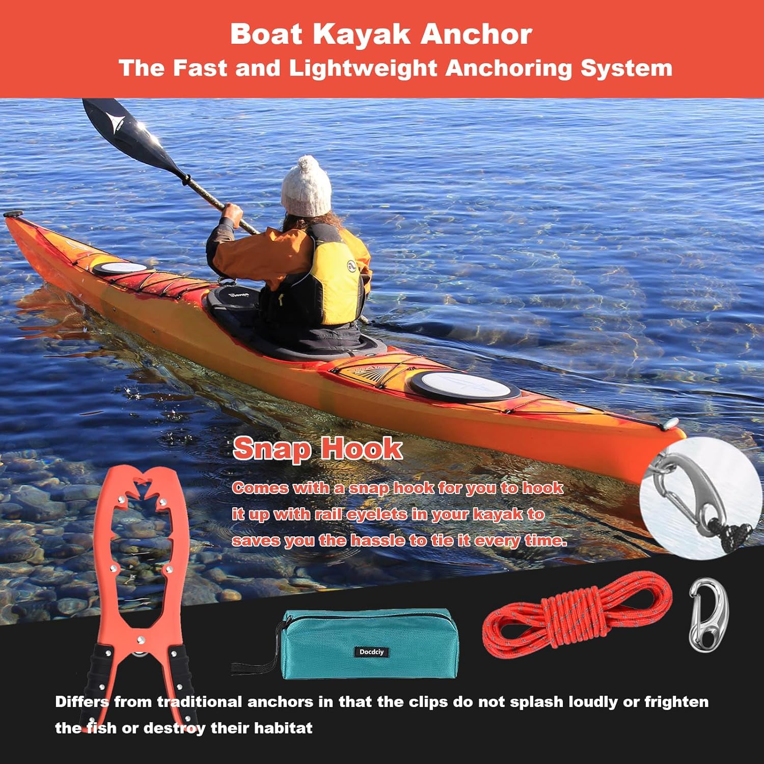 2 Piece Kayak Anchor Grip with 16.4ft Paracord Snap Hook, Anchor Clamp for Boat Kayak, Fishing Accessories with Durable Waterproof Carryin - Image 6