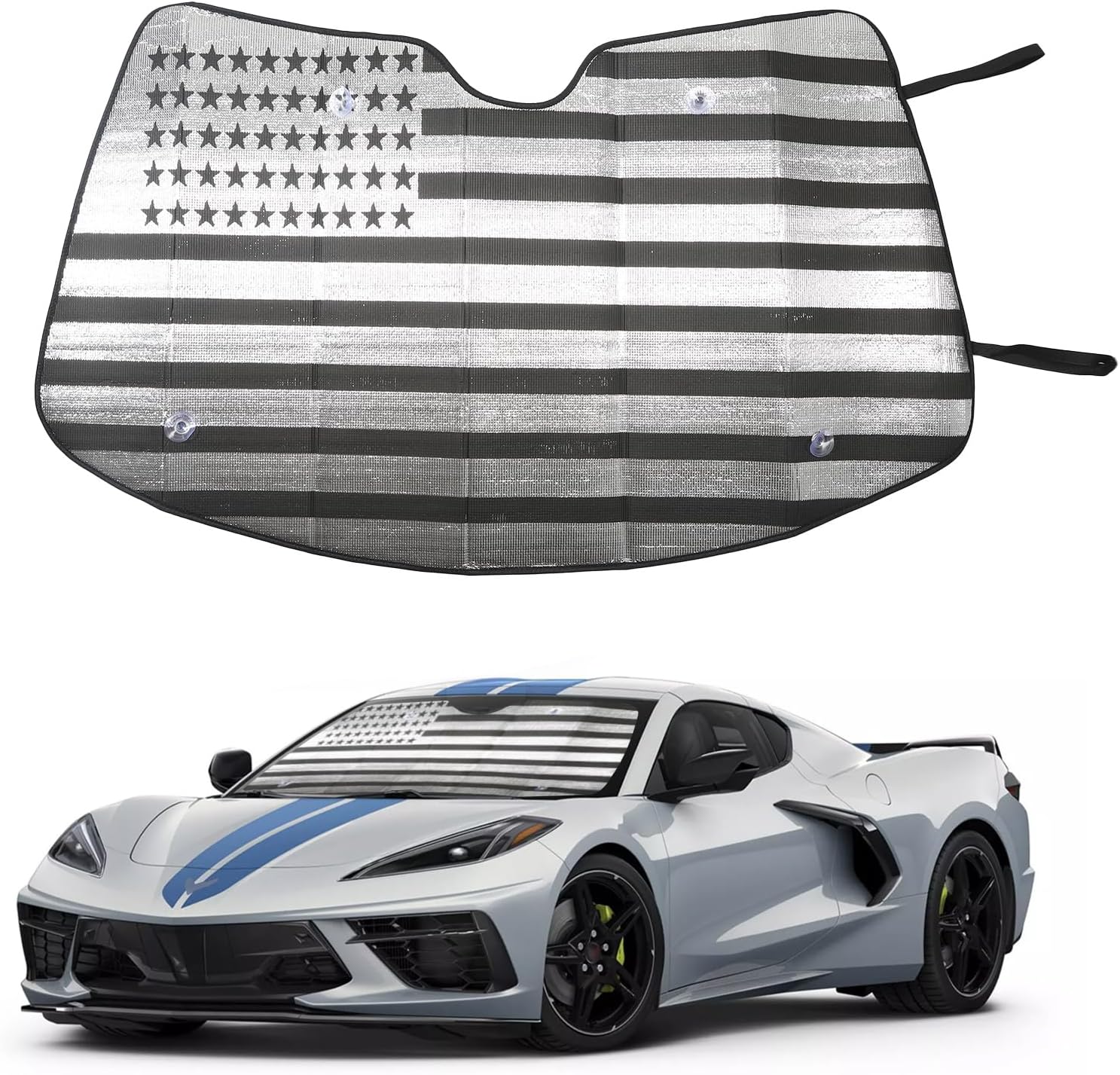 Car Front Windshield US Flag Sunshade for Corvette C8 2022-2023, Front Window Sun Shade, Foldable Reflective Sun Visor, Screen Shield Cover UV Blocker Protector HeatShield