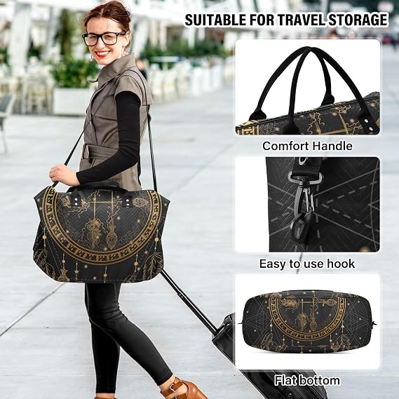 Large Travel Duffle Bag,Boho Golden Dreamcatcher Arrow Weekender Travel Bag for Women Men Luggage Bag with Trolley Sleeve,Airplane Travel Essentials for Flying