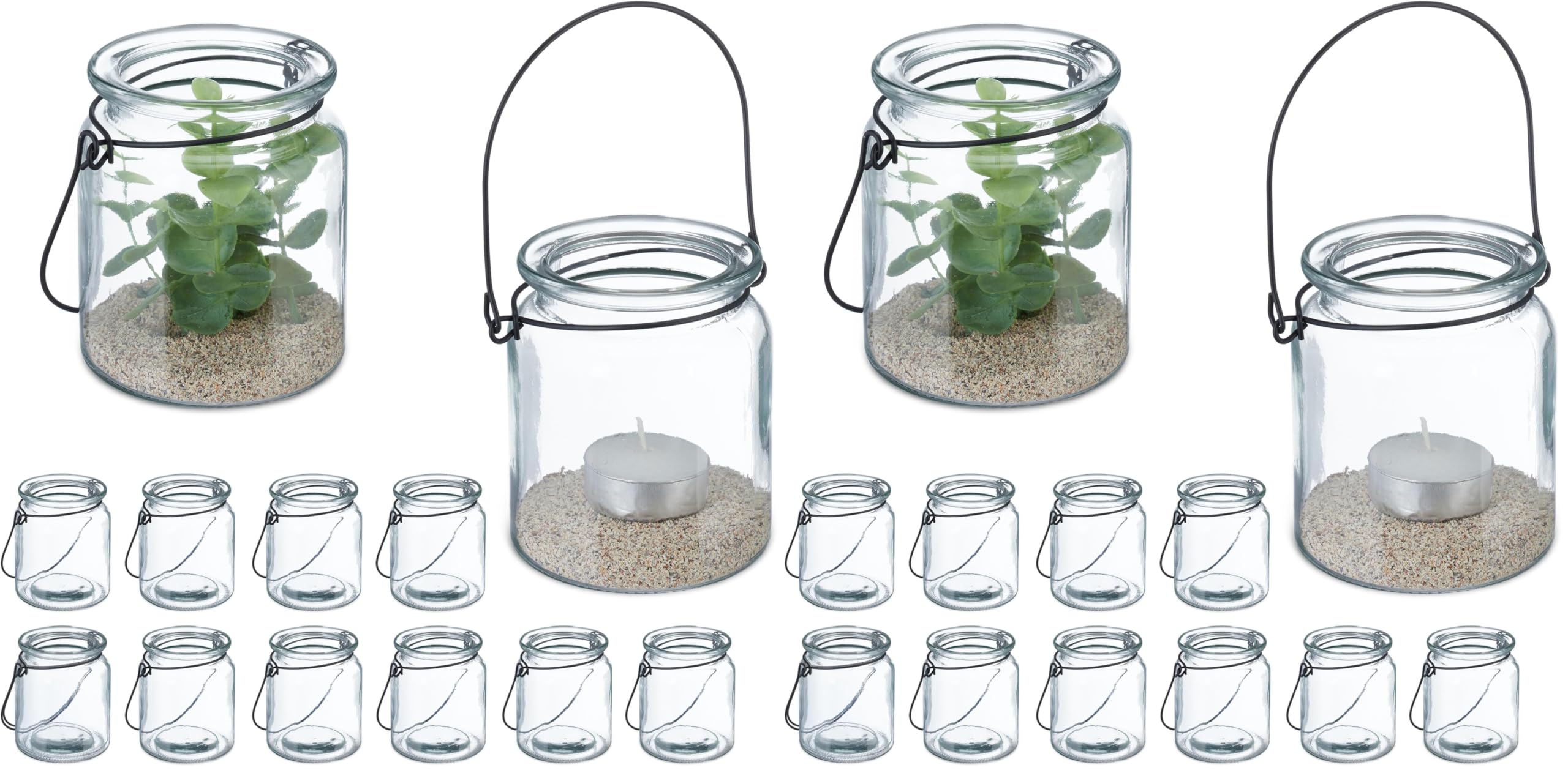 Relaxdays Windlicht Glas, 12er Set, Teelichthalter mit Henkel, HxD: 9,5 x 8 cm, runde Kerzengläser, transparent/schwarz (Packung mit 2)
