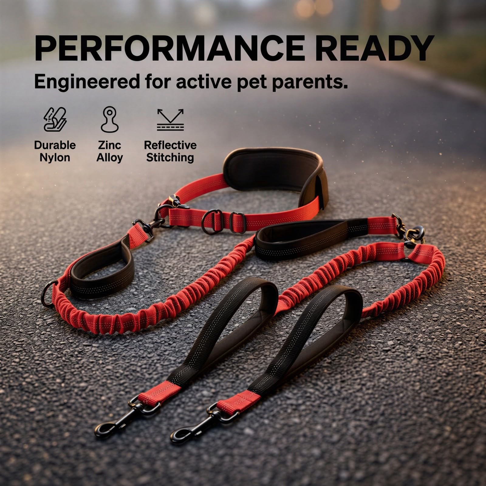 Laisse Mains Libres pour Chiens, Laisse Double pour 2 Chiens avec Bungee, Ceinture de Taille réglable et 4 poignées rembourrées, Laisse Double sans nœuds pour Course, Marche, entraînement