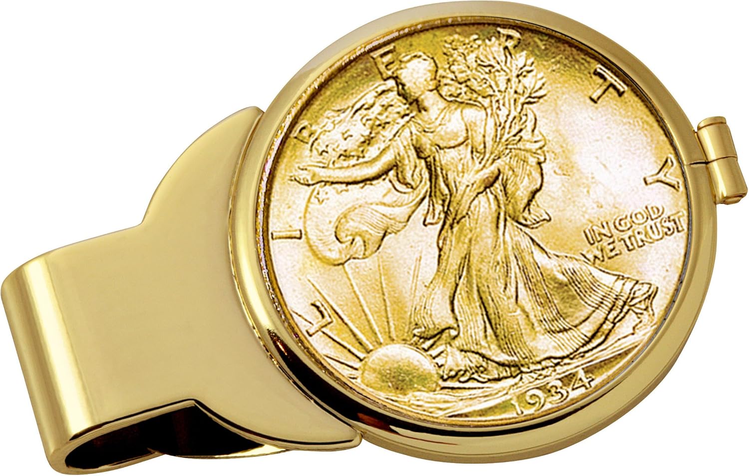 Coin Money Clip - Silver Walking Liberty Half Dollar Layered in Pure 24k Gold | Brass Moneyclip Layered in Pure 24k Gold | Holds Currency, Credit Cards, Cash | Genuine U.S. Coin