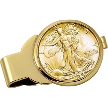 Coin Money Clip - Silver Walking Liberty Half Dollar Layered in Pure 24k Gold | Brass Moneyclip Layered in Pure 24k Gold | Holds Currency, Credit Cards, Cash | Genuine U.S. Coin