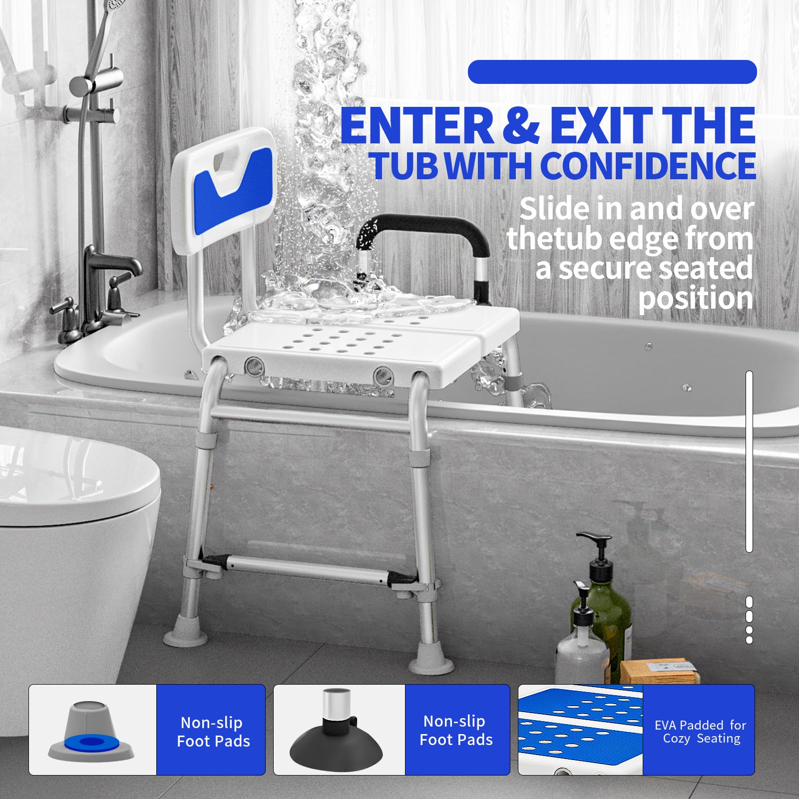 Heavy Duty Width Adjustable Bath Tub Transfer Shower Bench for Inside Tub Extended Shower Chair with Adjustable Height and Reversible Backrest Handicap Shower Chair Seat for Elderly and Disabled - 5