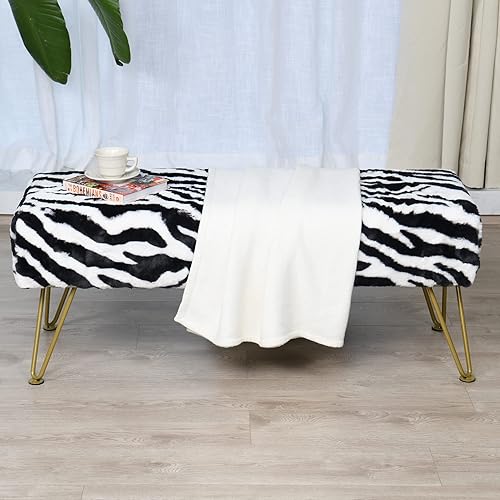 Miniatura 5 de Banco otomano largo rectangular de piel sintética con estampado de cebra, reposapiés suave y peludo, 46 x 16 x 17 pulgadas, banco de asiento