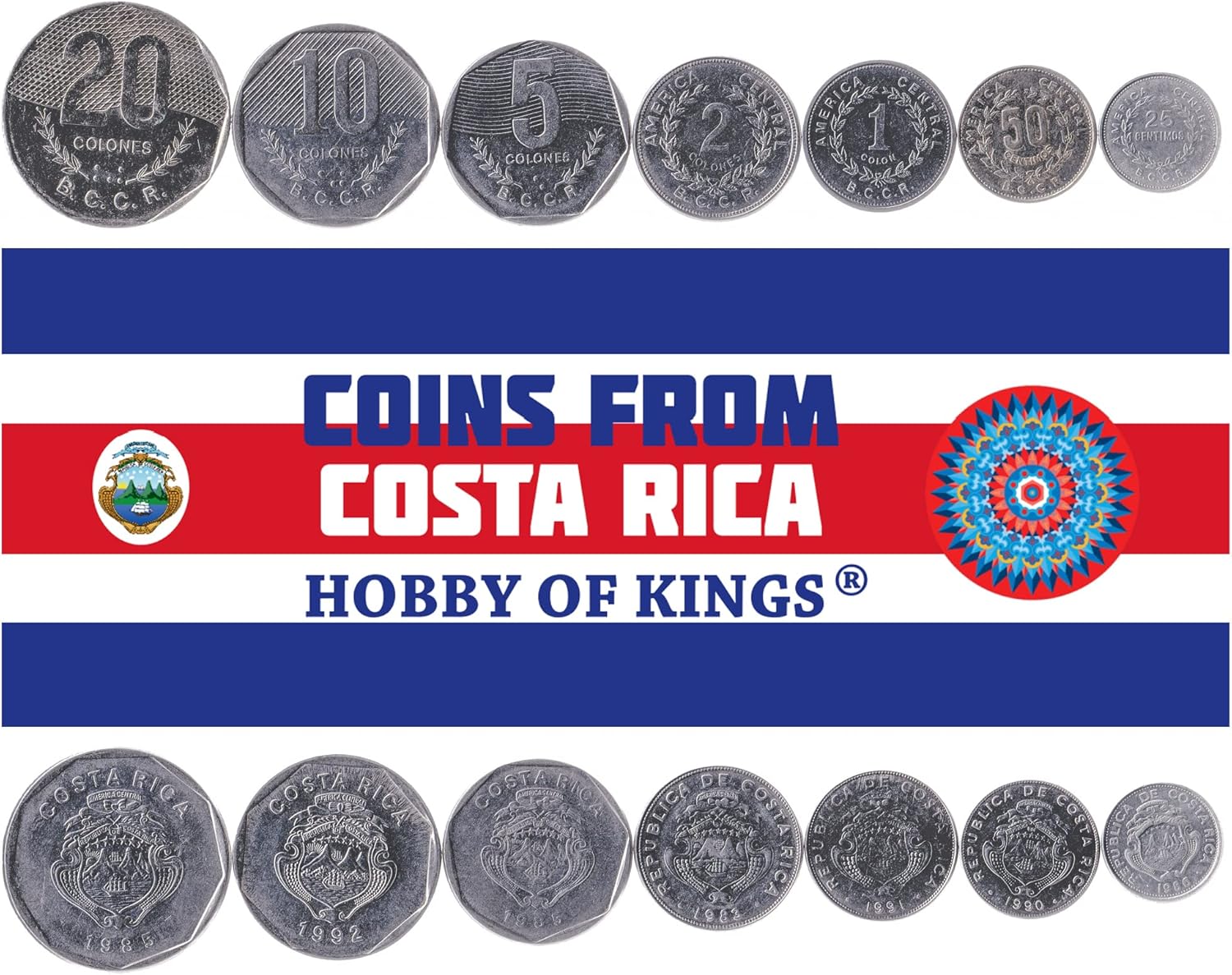 4 Coins from Costa Rica | Costa Rican Tico Coin Set Collection 5 10 25 100 Colones | Circulated 1995 | Ship | Star | Volcano | Coffee Branch