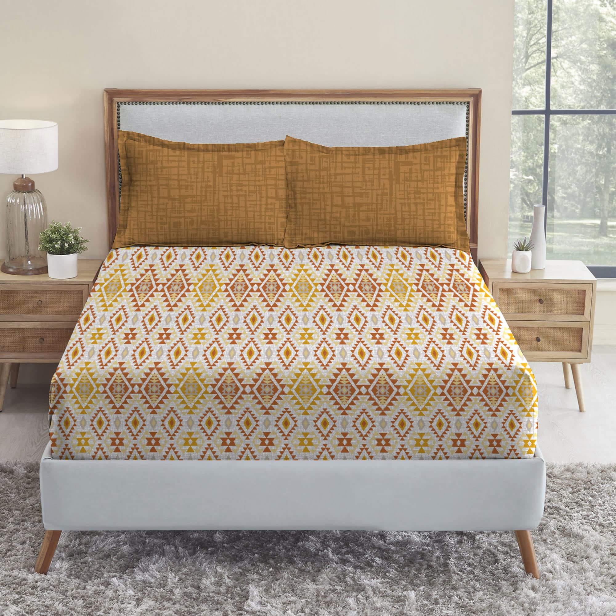 Trident Bedsheet Set - Urban Comfort Collection, 100% Cotton Bedsheet for Double Bed (1 Queen Size Bedsheet with 2 Pillow Covers) Superior Softness, 144 Thread Count - Aria Yellow-image-16