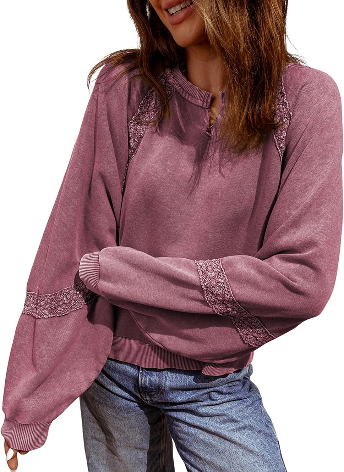 SELINK Womens Cropped Sweatshirts Lace Crochet Vintage Long Sleeve Tops Cute Notch Neck Pullover Fall Outfits