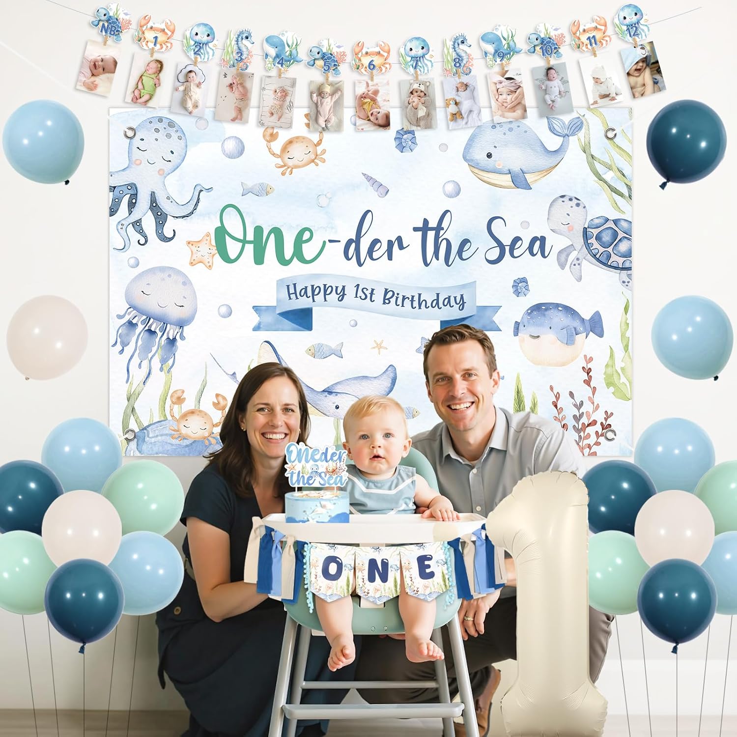 Jollyboom Oneder the Sea Party Decorations Boy, Under the Sea 1st Birthday Decorations Backdrop Photo One Highchair Banner Cake Topper Number 1 Balloons for Ocean Animal 1 Year Old Boy