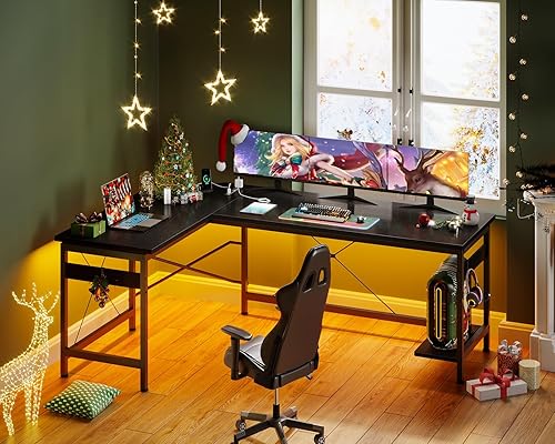 Miniatura 45 de Coleshome - Escritorio gaming en forma de L de 66 pulgadas, con toma de corriente, con soporte para CPU, escritorio esquinero para computadora, para