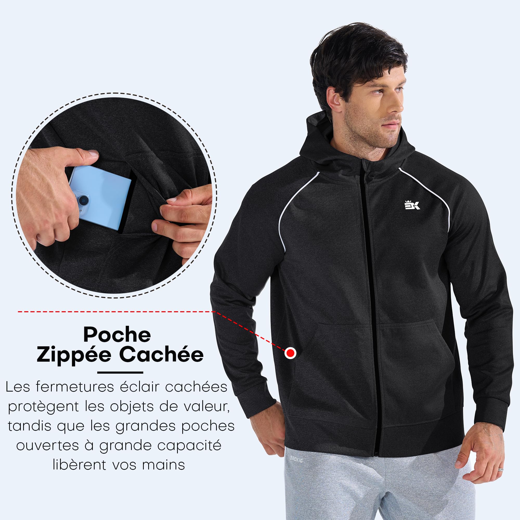 BROKIG Sweat à Capuche Sport Homme Veste Running Homme Zip | Veste Course a Pied Sportswear, Sweat Capuche Survêtement Elastique, Veste Sport Extérieur Homme, Hoodie Homme Poches Zippées