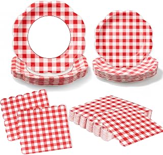 60Pcs Red Gingham Paper Plates and Napkins Party Supplies for 20 Guests | Scalloped Checkered Dessert Paper Plates and Napkins Disposable Plaid Tableware Set for Birthday Party Summer Picnic