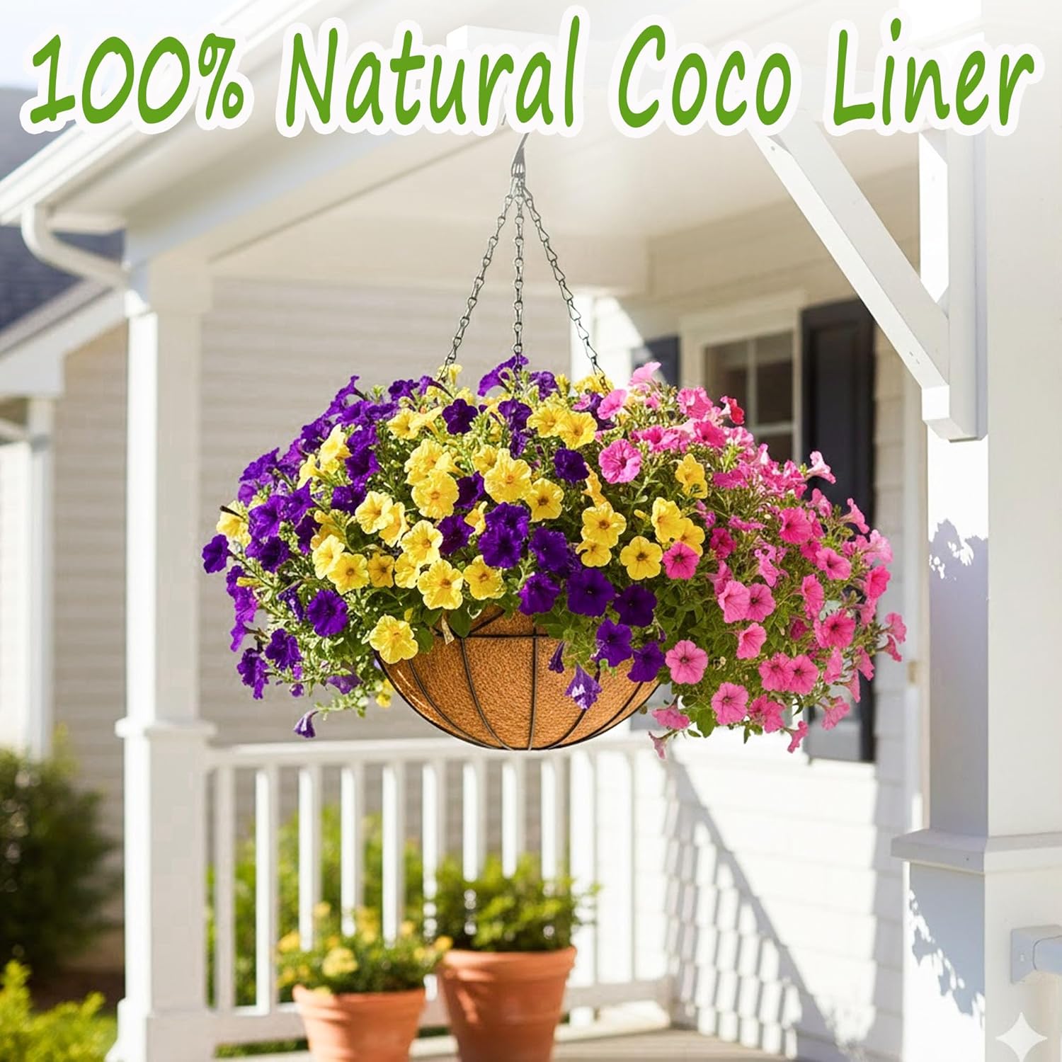12 Inch Plant Hanging Baskets 4 Pack Round Metal Hanging Planter with Coco Coir Liner Chain for Plants Outdoor Plant Basket Porch Indoor Garden Decoration Flower Pots