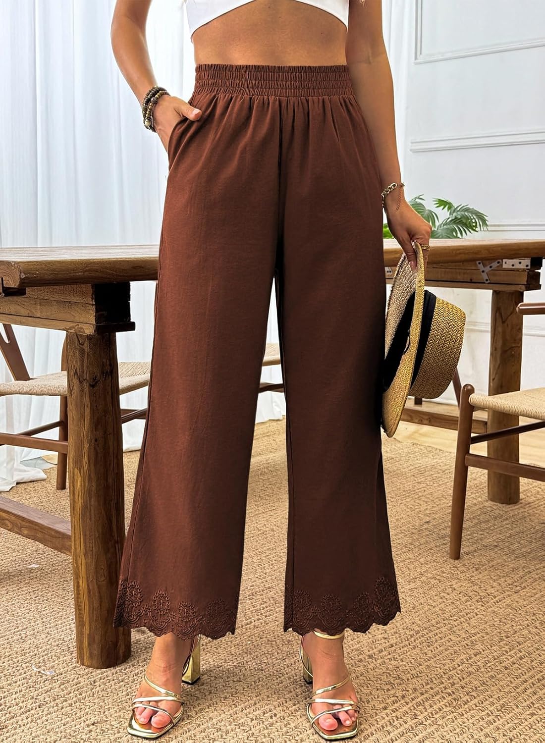 Dokotoo Casual Pants for Women High Waisted Elastic Wide Leg Pants Eyelet Lace Hem Trousers with Pockets - Image 2