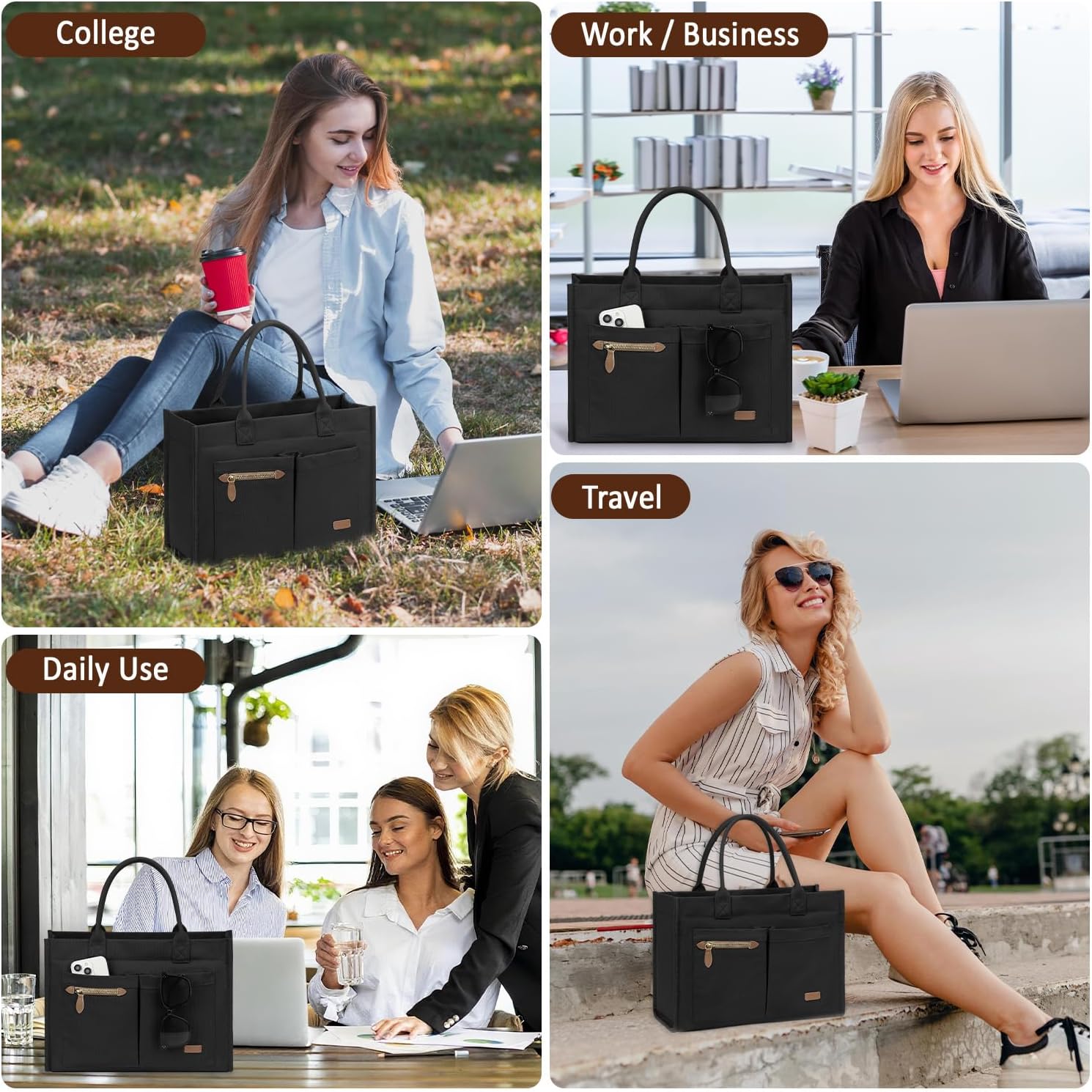 Canvas Tote Bag for Women, Large Work Tote Bags with Compartments, Zipper Crossbody Handbag for Teacher, College - Image 4