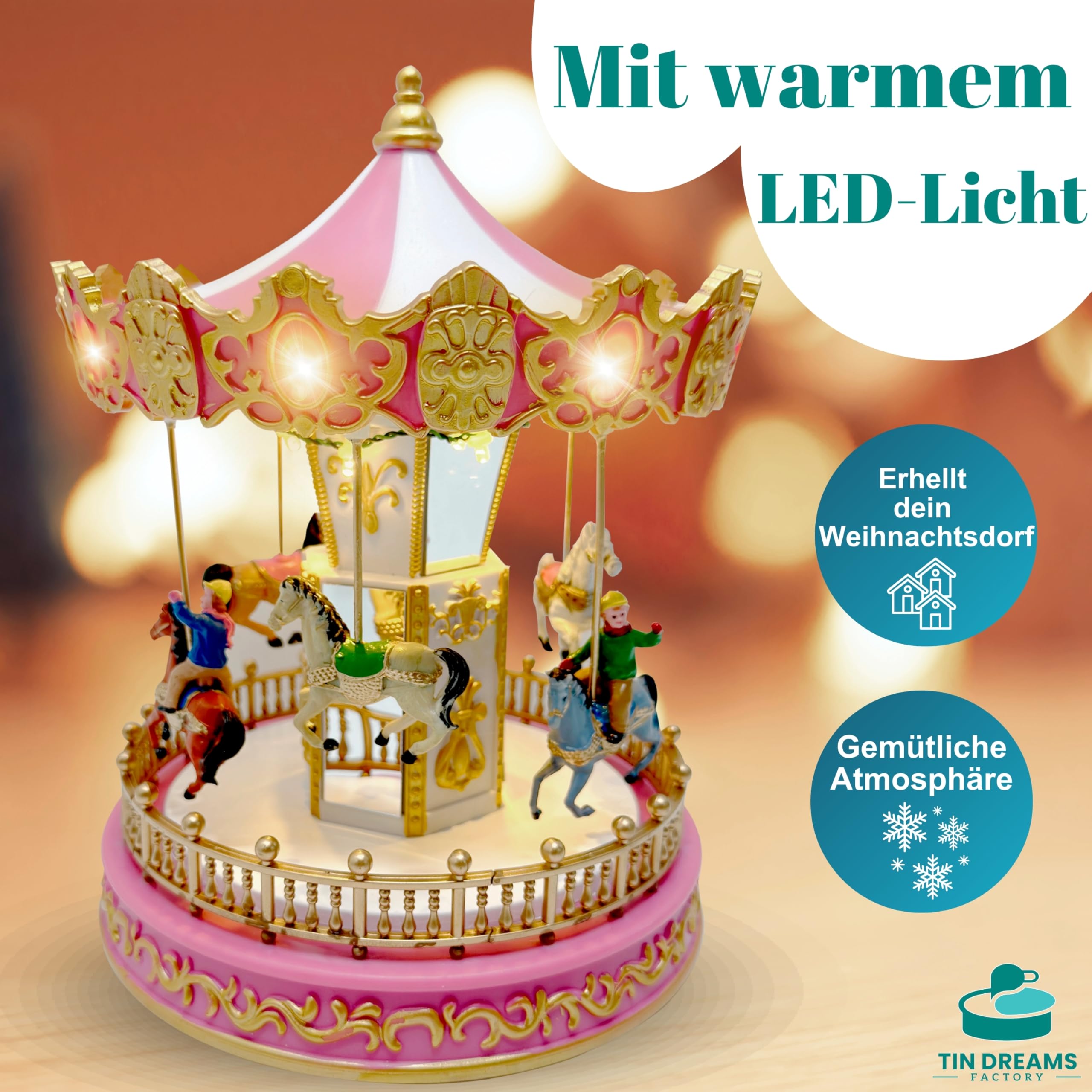 TIN Dreams | Kleiner Weihnachtskarussell mit Bewegung, Musik und LED-Lichtern | Musikalisches Karussell | Weihnachtsdorf, Miniaturdorf, Beleuchtete animierte Szene | Weihnachtsdeko Inner