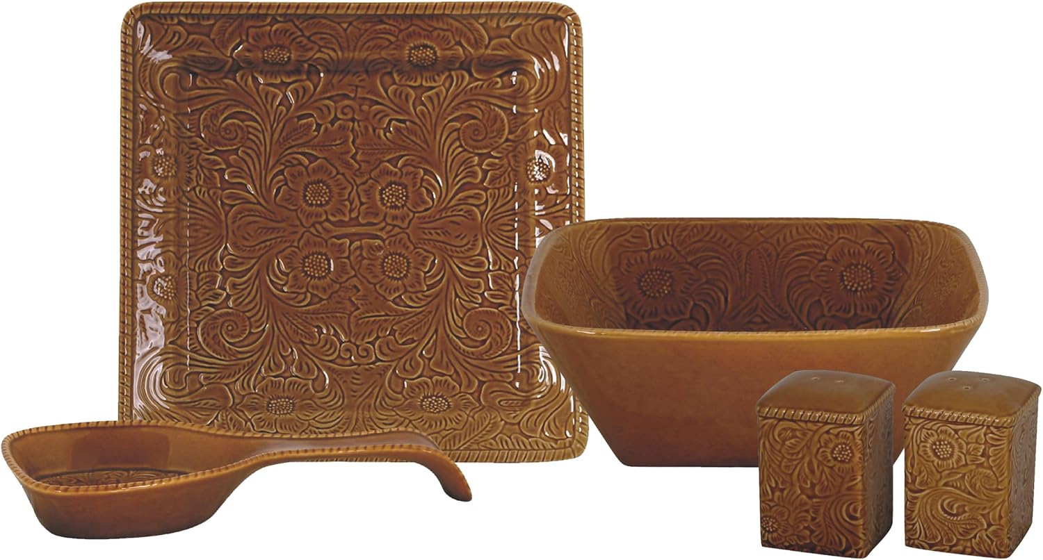 HiEnd Accents Savannah 16 Piece Ceramic Dinnerware Set with Plates, Bowls, Mugs, Tan Tooled Leather Floral Pattern, Modern Rustic Western Style