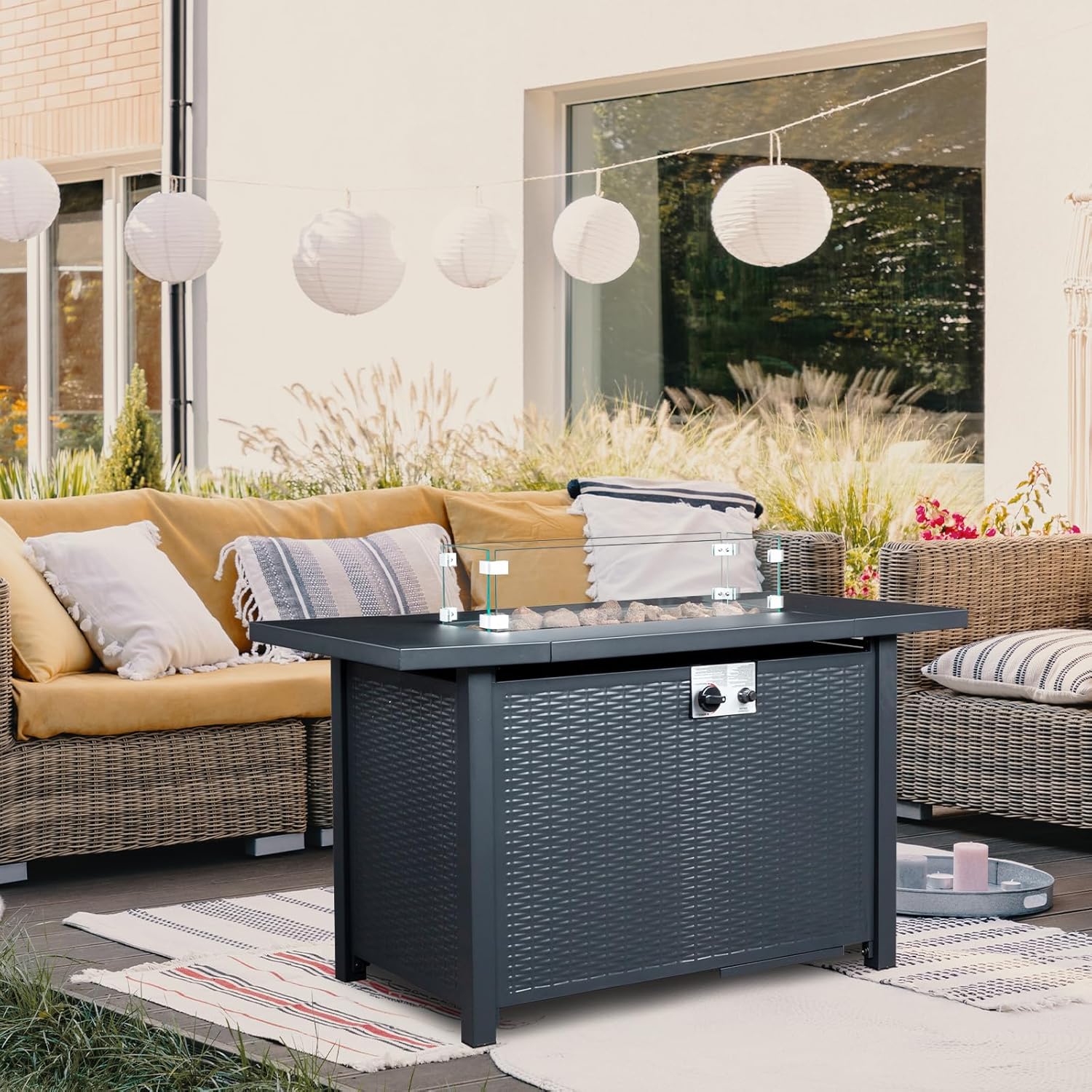 Outvita Fire Pit Table, 43" 50,000 BTU Rectangle Metal Propane Fire Table with Lid, Lava Rocks, Waterproof Dust Cover and Glass Wind Guard for Garden Backyard Deck Patio