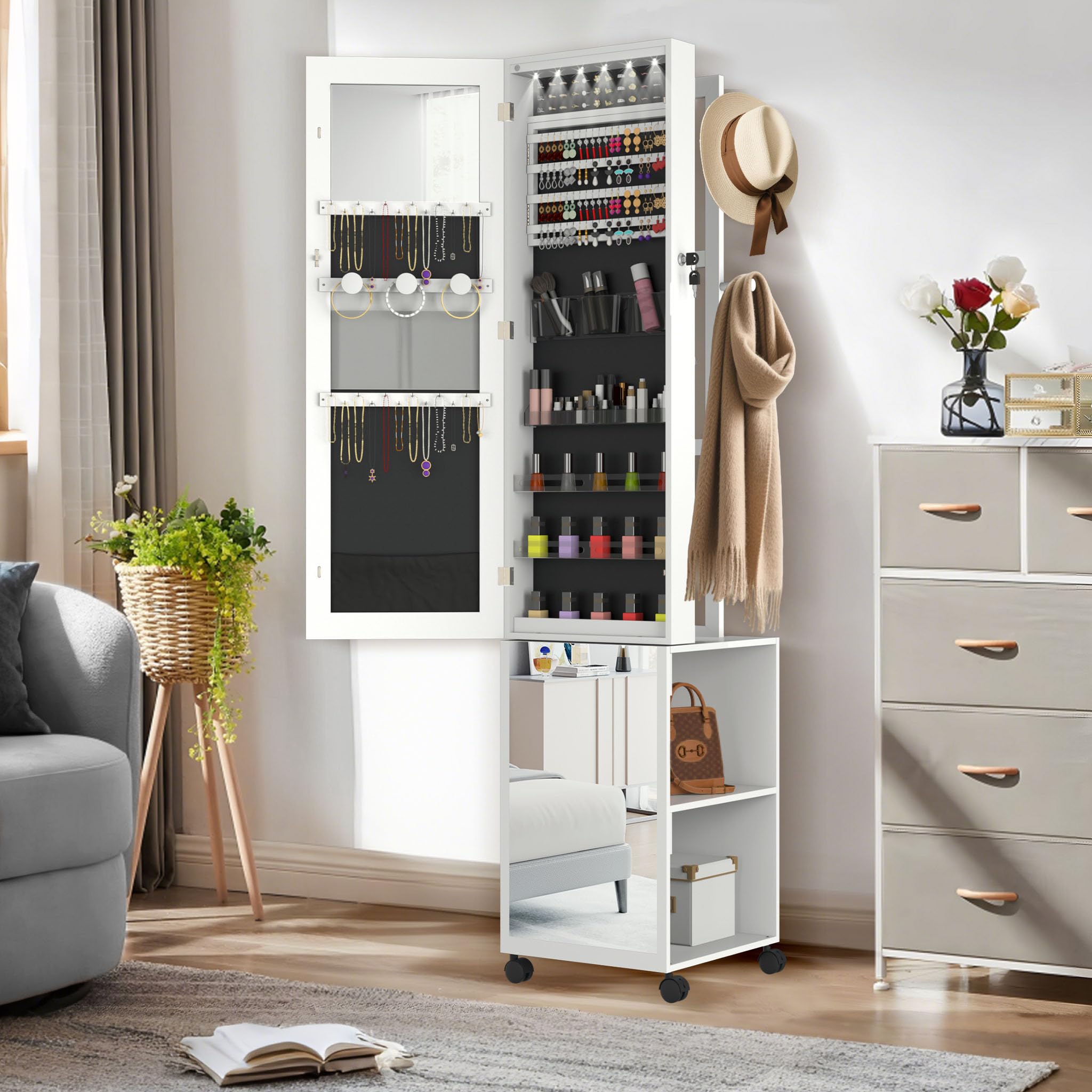 LZQ Schmuckschrank mit Spiegel und LED-Leuchten Spiegelschrank Abschließbar Schmuckorganisator mit Rädern und Ablagen 3-in-1 Schmuckaufbewahrung Schmuck-Organizer, 36 x 40 x 170 cm, Weiß