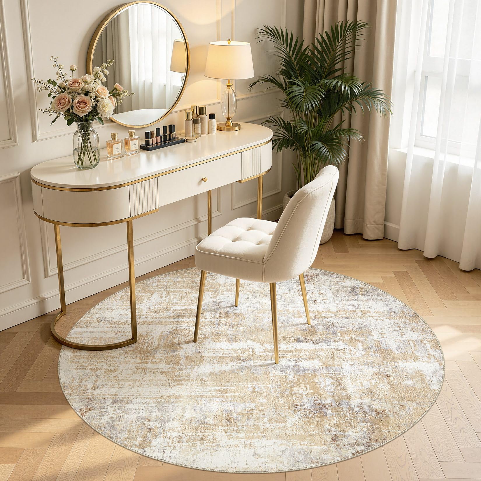 DMOYEST Teppich Rund 150 cm Abstrakt Grau Gold Modern Waschbar – Ansicht 5