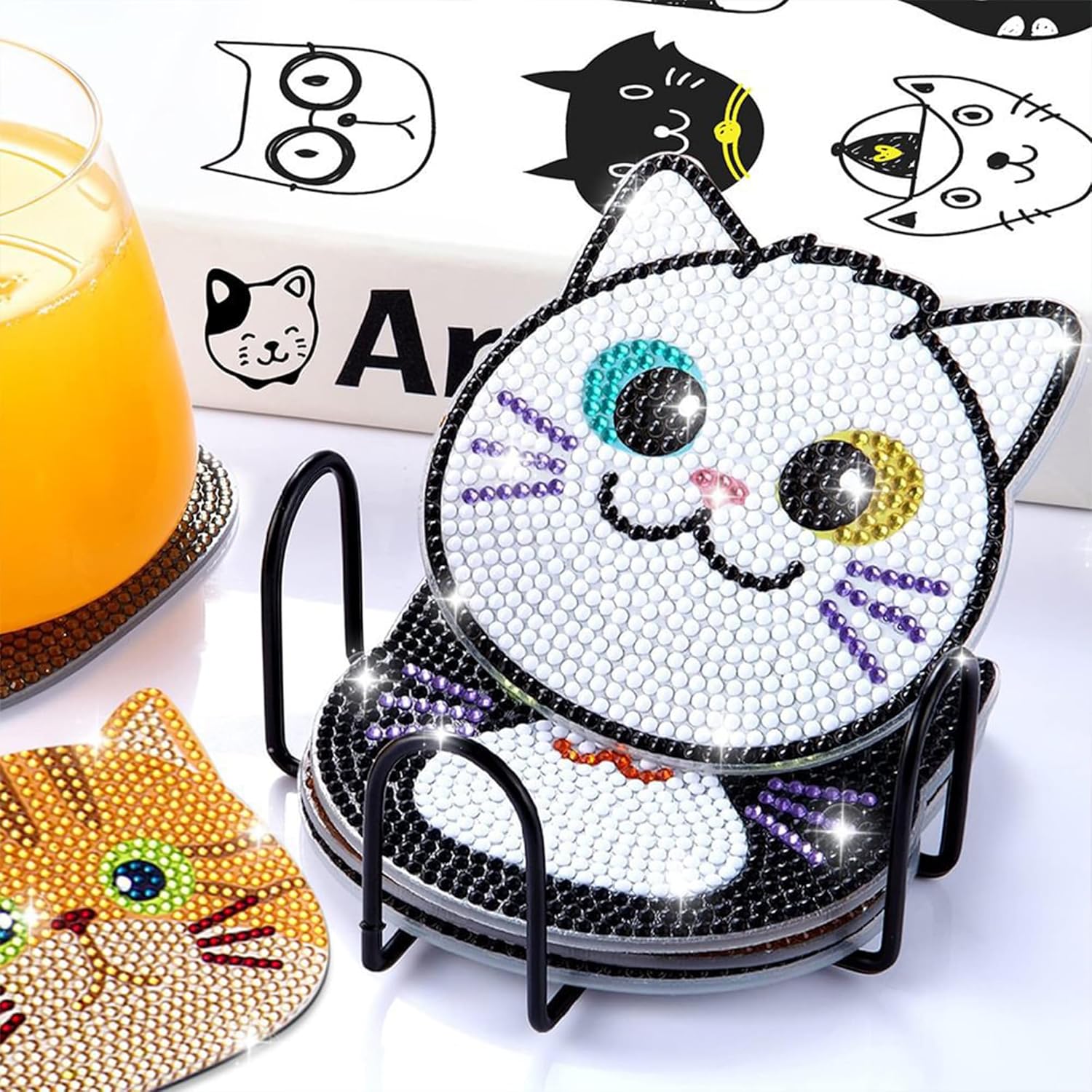 Diamond Painting Coasters Set with Metal Holder, Insulated Anti-Slip Drink Mats, 10 Cute Cat Designs (Cat) - Image 2