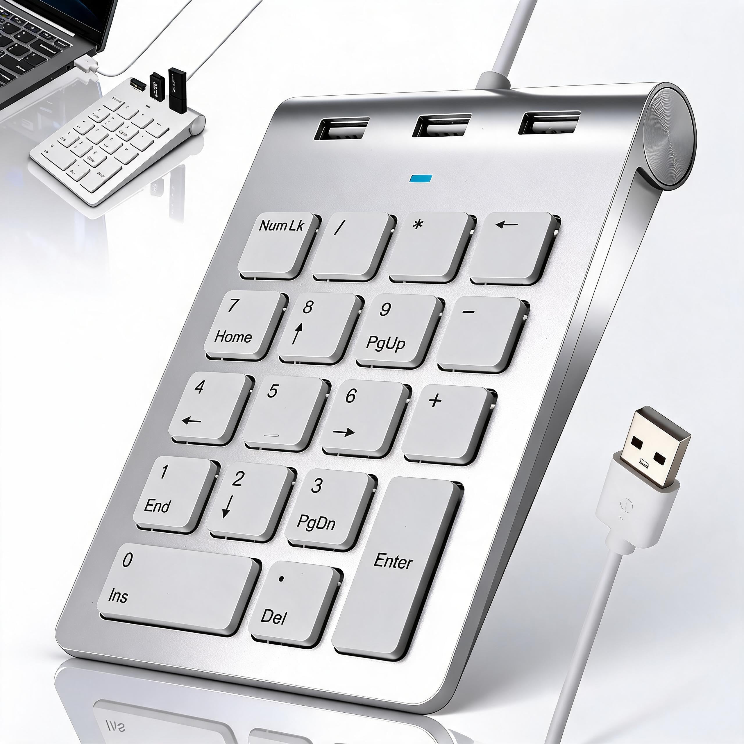 Teclado Numérico Cableado USB-A Numpad Hub de 18 Teclas con 3 Puertos USB 2.0 Teclado Numerico Plug & Play para Laptop,PC de Escritorio, Surface Pro y MacBook, Compatible con Windows, macOS