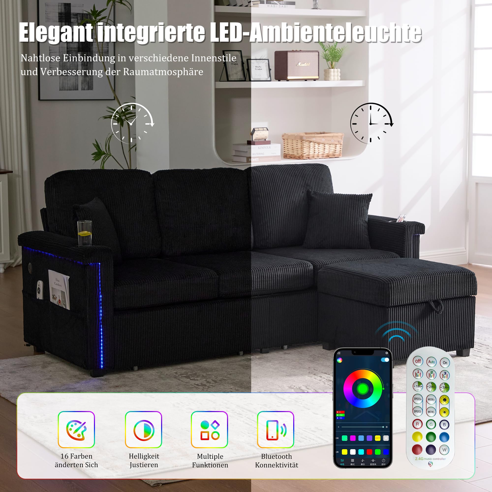 Modulares Ecksofa aus Cordstoff, Sofa mit Schlaffunktion, Couch mit LED-Beleuchtung & USB-C-Port, inklusive Stauraum-Fußteil, praktischen Getränkehaltern und Seitentaschen, Schwarz