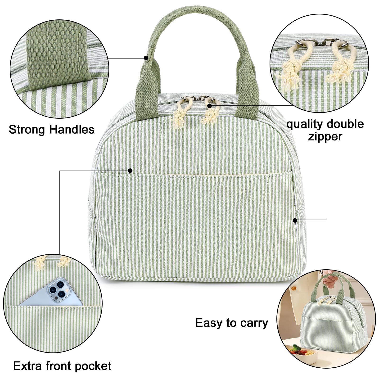 BLUBOON Lunch Box for Women Insulated Lunch Bag Kids Cute Lunch Tote Bags Reusable Cooler for Work Picnic Travel (Sage Green White Stripes) - Image 4