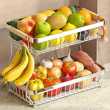Sevenblue 2 Tier Large Fruit Basket for Kitchen Counter with 2 Mobile Banana Hangers, 2026 Pro Detachable Metal Fruit Bowl with Wooden Handle Silver, 2 Tier