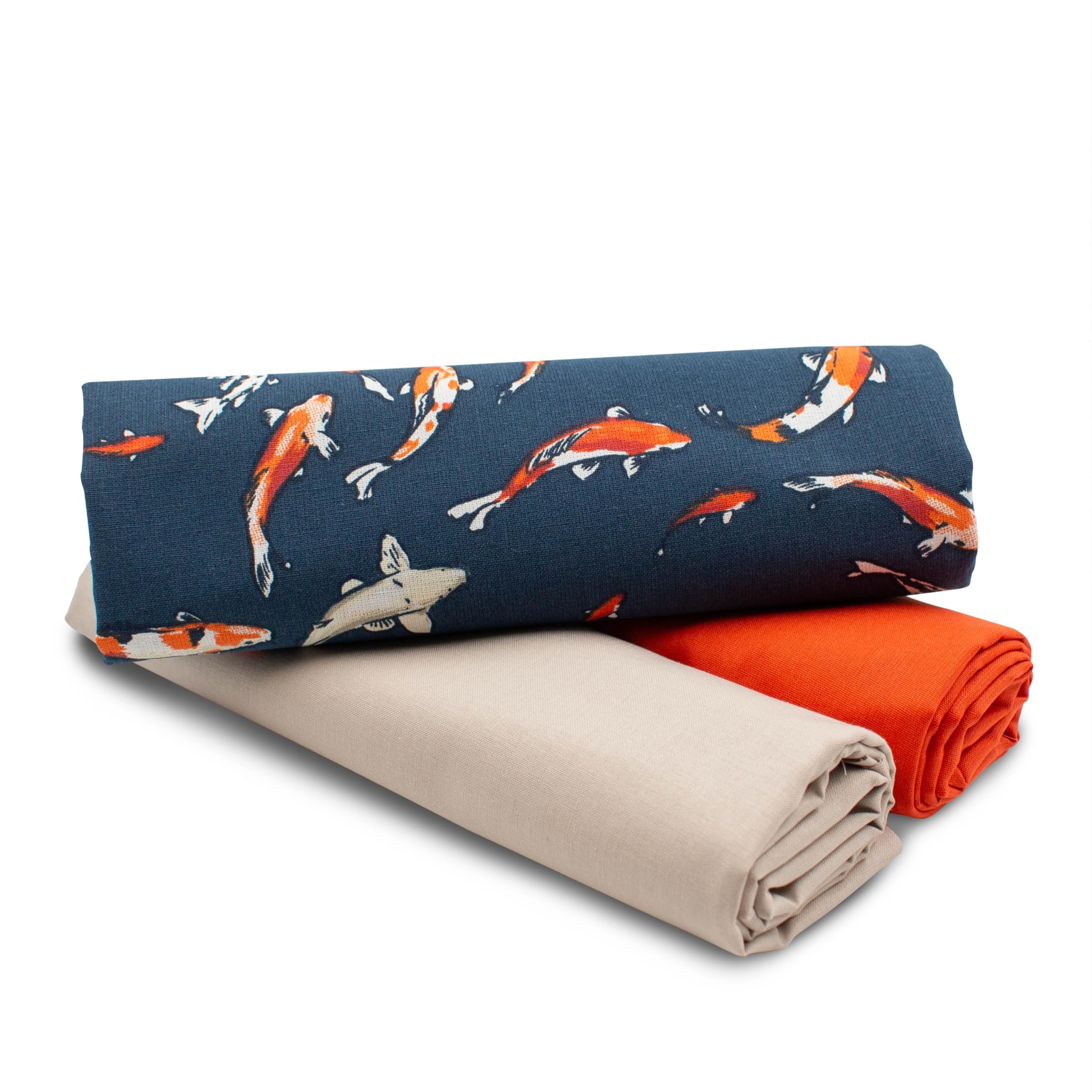 VmG-Store 1.5 m Cotton Fabric Set Design Fabric + 2 x Plain Colour Coordinated 100% Cotton Material Selection (Koi Fish Set63)