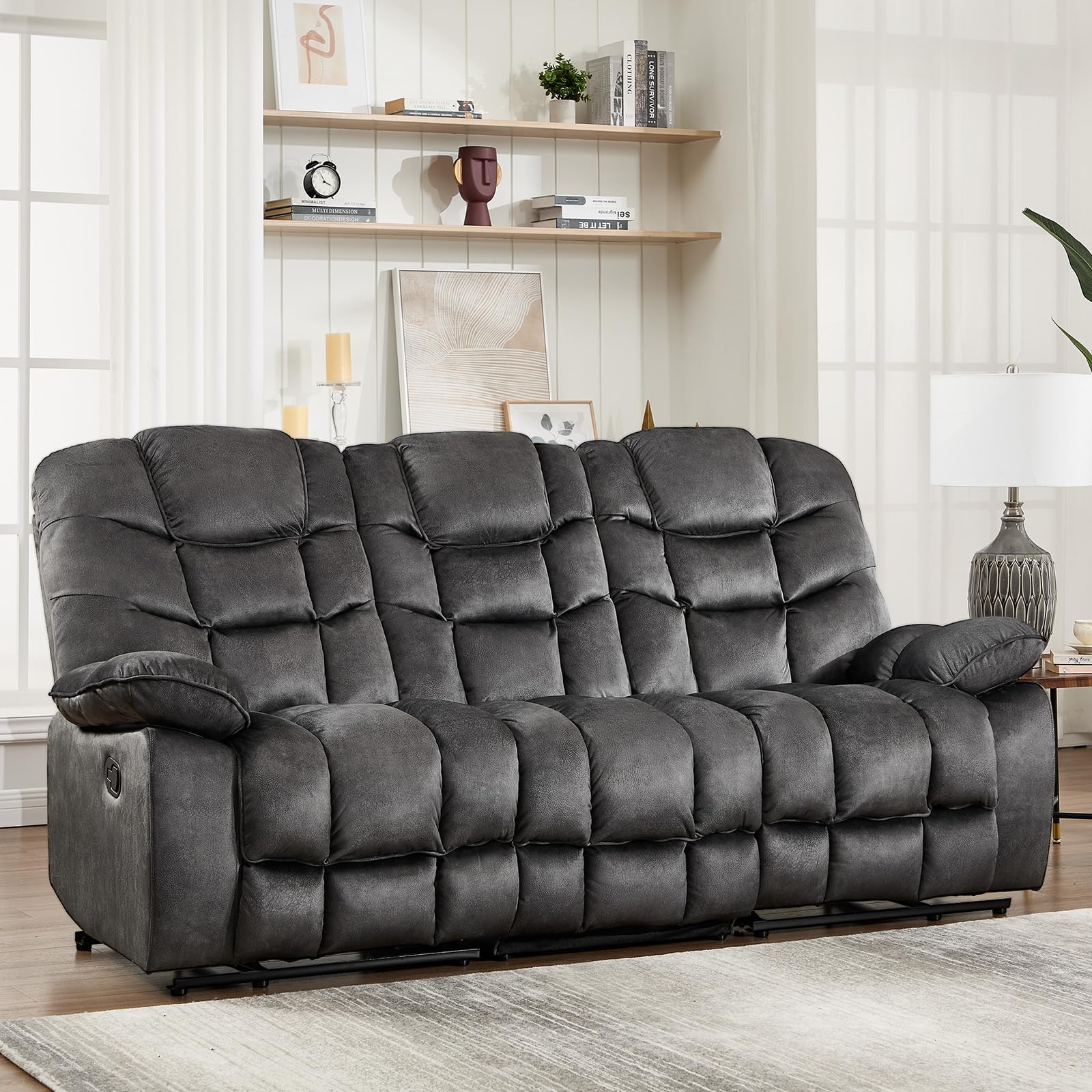HAOMARKETS 3 Seat Manual Reclining Sofa, Soft Fabric Recliner Couch with Padded Headrest and Armrests, 85" Wide Overstuffed 3-Seater Recliner Couches for Living Room, Grey