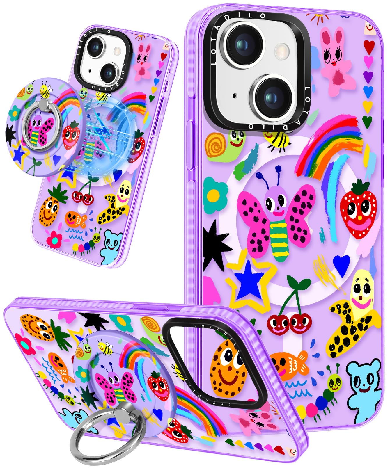 Lotadilo for iPhone 14 Case for Women - Girls Kawaii Design Compatible with Magsafe Magnetic Ring Holder Stand Art Crayon Painting Phone Covers