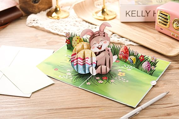 Liif Easter Bunny with Eggs 3D Greeting Pop Up Easter Card for Kids, Son, Daughter, Boy, Girl, Religious | with Message Note & Envelope | Size 7 x 5 inch