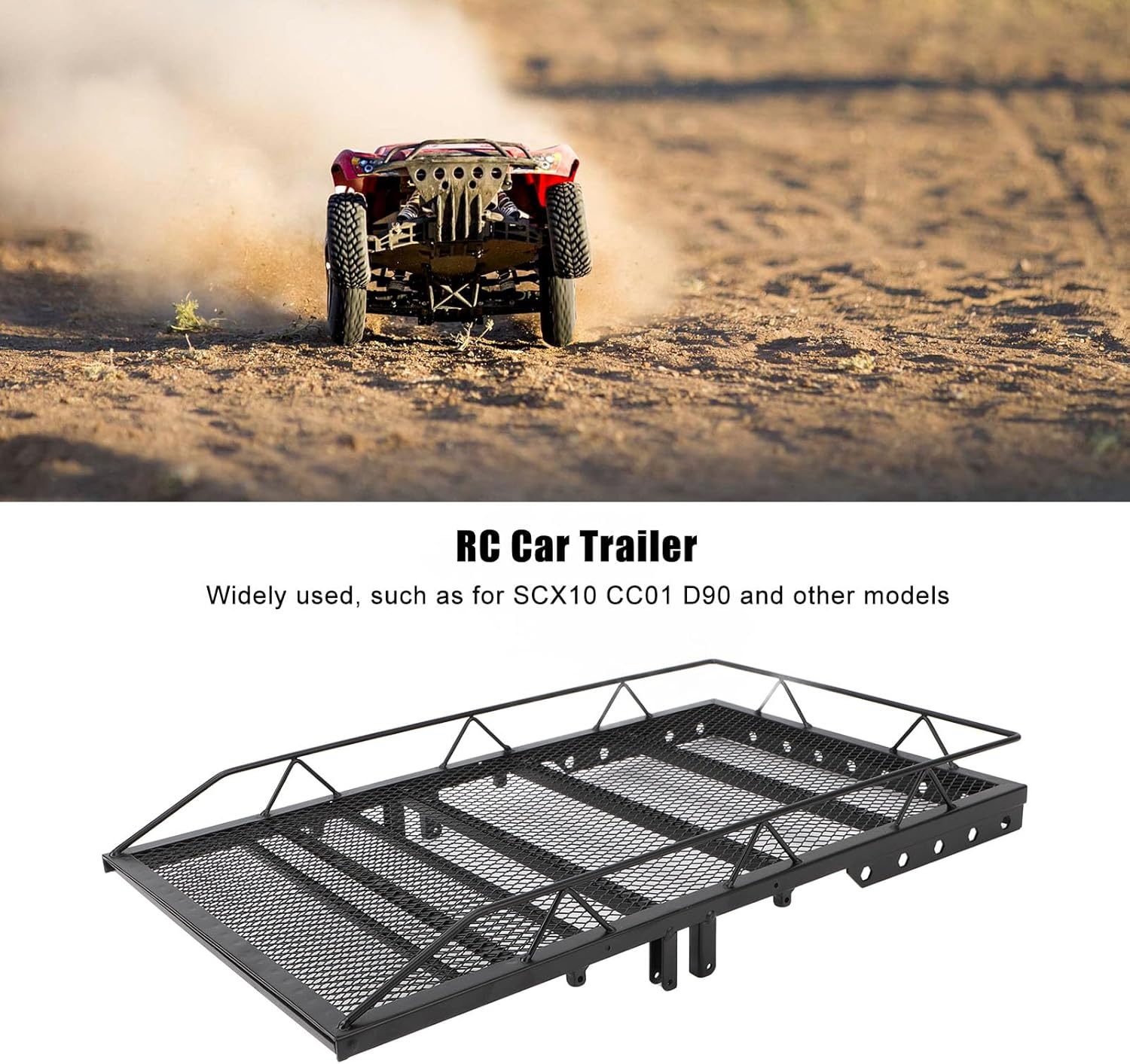Fabater RC Trailer, Large Capacity with 4 Anti Skid Tires 1/10 Scale RC Trailer for Hauling Behind Car, RC Car Trailer Metal for SCX10 CC01 D90, Easy to Install, RC Car Accessories