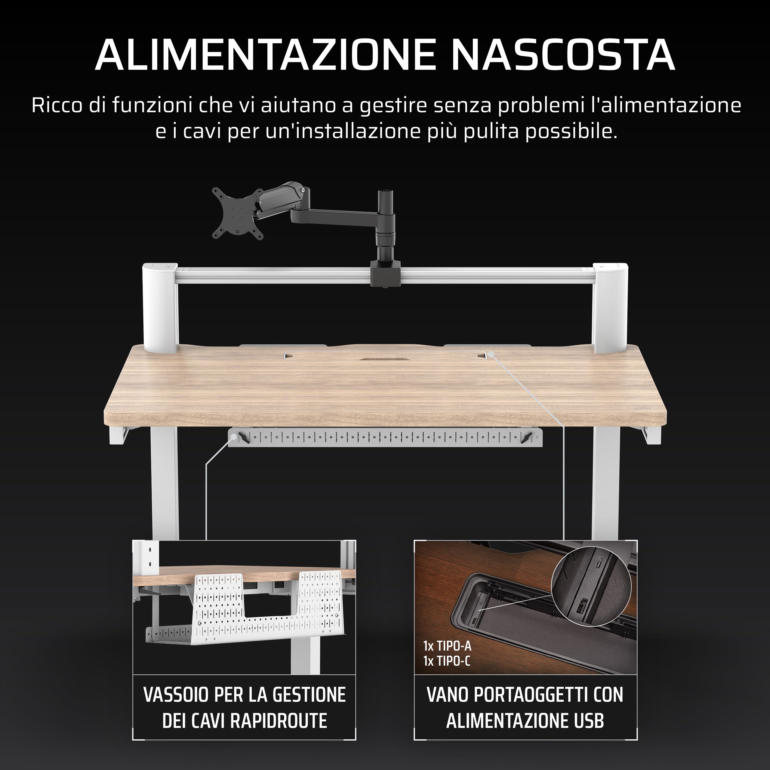 CORSAIR Platform:4 – 120 cm x 76 cm, Altezza Fissa, Scrivania per Computer da Gioco in Piedi, Gestione dei Cavi, Alimentazione USB, Supporto per Monitor Incluso – Mordente di Pino Bianco