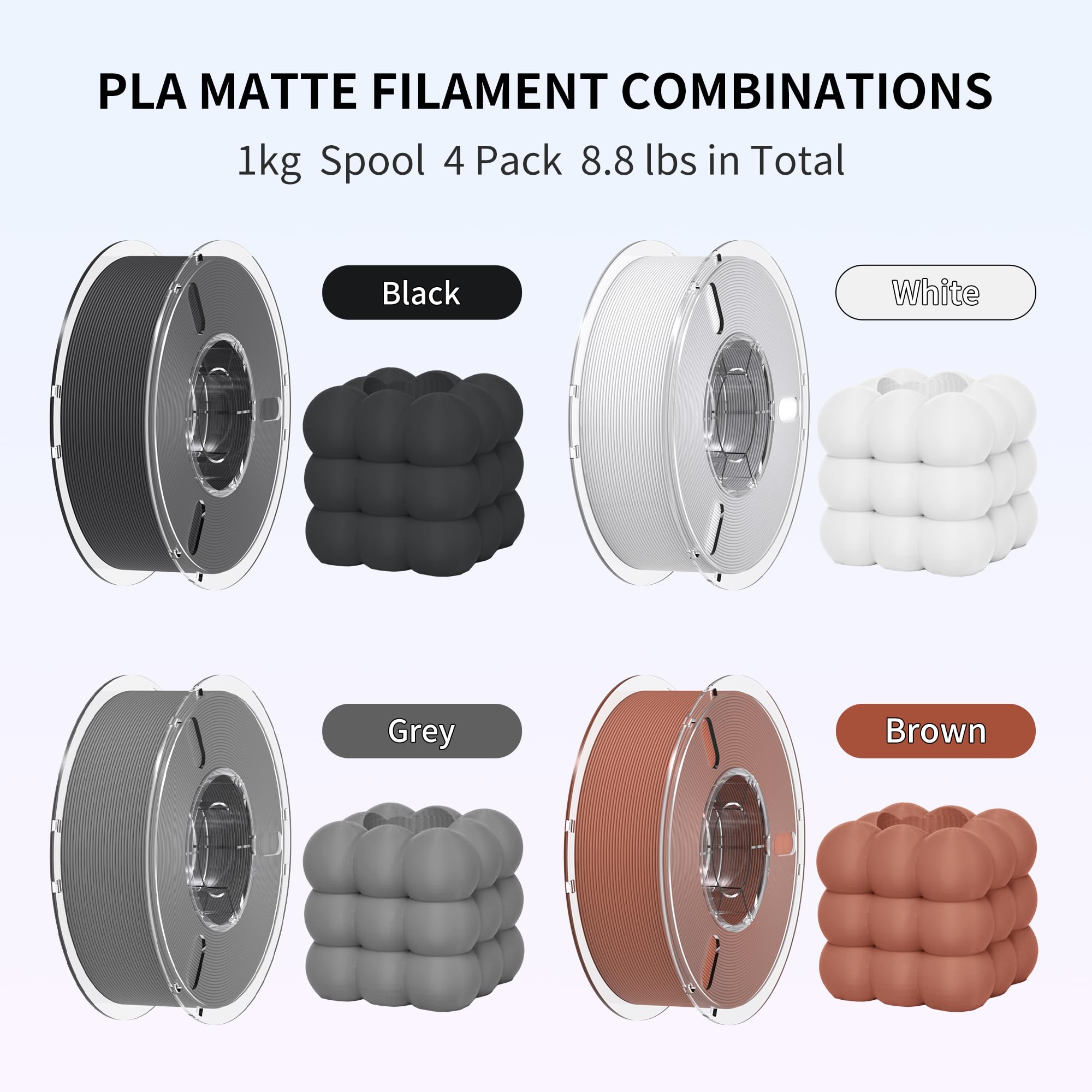 RAMBERY Paquete de filamentos PLA mate para impresora 3D, 4 kg, filamento PLA de acabado liso mate de 1.75 mm, empaquetado individualmente al vacío, 1 kg (2.2 libras) x 4 unidades, negro/blanco/gris