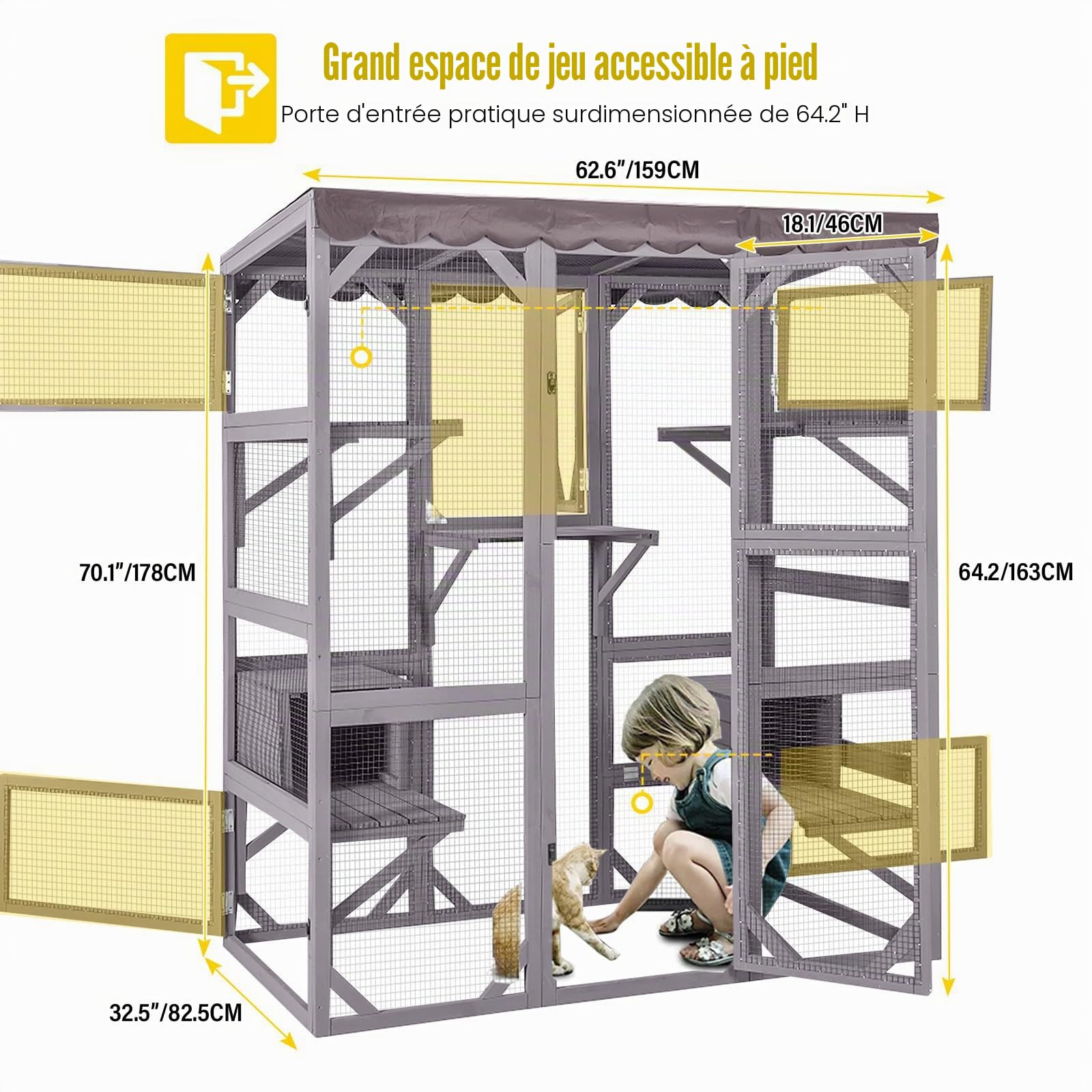 Maison pour chats en bois pour intérieur et extérieur, grand enclos pour chats sur roulettes, cage Catio avec bandes de bois renforcées, toit imperméable (Type B Moyen, Type D)