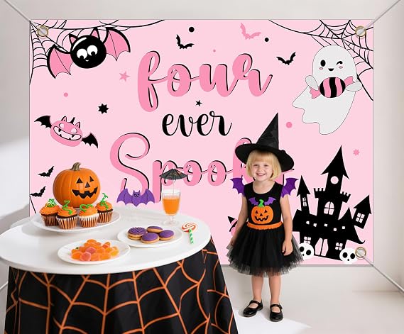 Four Ever Spooky Birthday Decorations - 7x5ft Four Ever Spooky Backdrop - 4th Birthday Decorations Girl