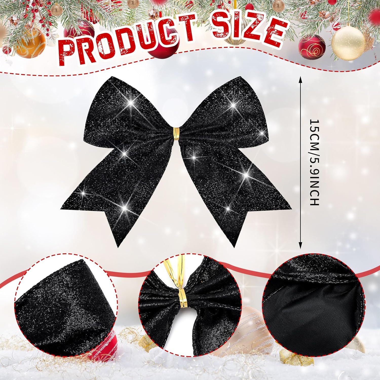 Cindeer 24 Pcs Black Christmas Bow Decorations 6 x 6 Inches, Glitter Holiday Ornaments Sequin Ties Bows for Xmas Tree, Wreath, DIY Crafts, Party Decor, Gift Wrapping
